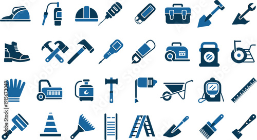 Construction tools icon collection, flat vector equipment set for building repair maintenance engineering workshop safety industrial machinery illustration design pack