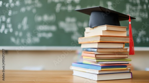 Colorful hardcover textbooks stacked vertically with a graduation cap on top, symbolizing education and academic achievement in a classroom setting