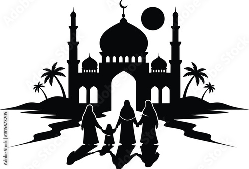 Muslim Family Walking Towards Mosque Under Crescent Moon: Silhouette Illustration for Ramadan, Eid, and Islamic Spiritual Journey