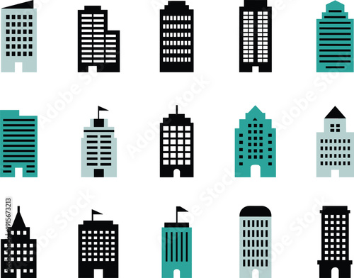 Modern city building icons set, urban architecture silhouettes, flat design skyscrapers, office buildings collection, minimalist real estate illustration pack