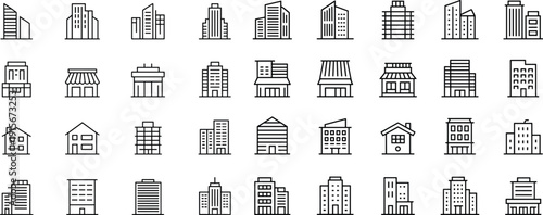 Modern building icon set, urban architecture outlines, city skyline symbols, residential and commercial structures vector pack, minimalist line design