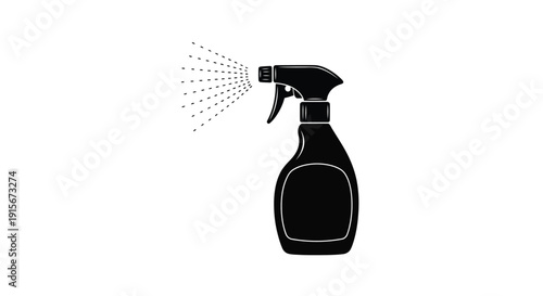 A black and white illustration of a spray bottle emitting mist
