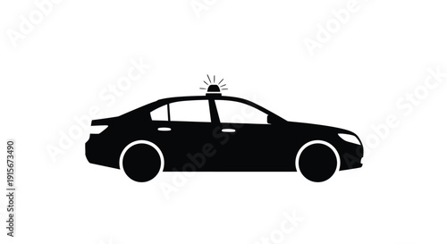 Silhouette of a black police car with activated emergency lights