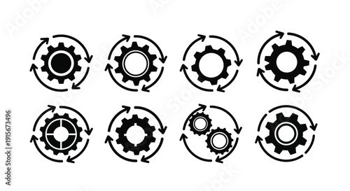 Collection of black and white gear icons with circular arrows