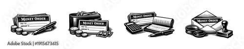 Money order and finance symbols: flat vector icons set for banking and currency tools