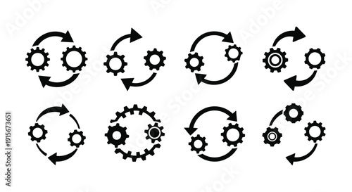 Collection of circular gear icons with arrows indicating rotational movement