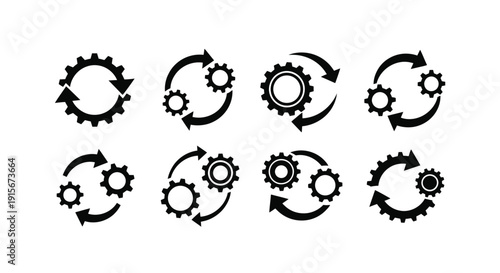 Collection of black gear icons with circular arrow symbols