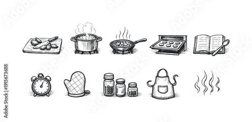 Cooking and baking flat icon set for kitchen essentials and culinary tools