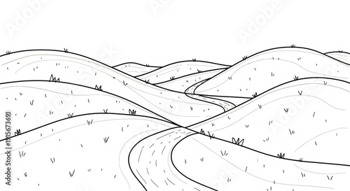 Simple Line Art Landscape Drawing of Rolling Hills and Winding Road Path through Countryside