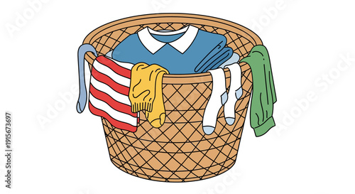 Wicker Laundry Basket Filled with Colorful Dirty Clothes and Socks Vector Illustration