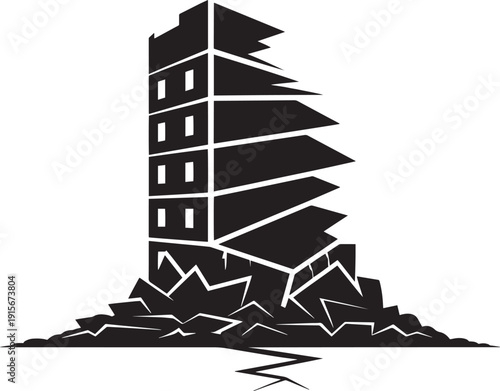 Damaged skyscraper silhouette broken by earthquake impact on cracked ground background