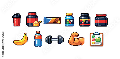 Fitness and nutrition icon set. Pixel art design for health, gym, and wellness