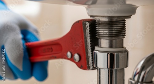Plumber wearing protective gloves uses a red adjustable wrench to tighten or loosen the threaded pipe connection under a bathroom or kitchen sink basin for repair work.