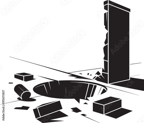 Destroyed building urban disaster earthquake damage collapsed wall broken debris hole