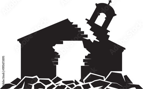 Destroyed church building silhouette with fallen bell tower and debris on ground surface