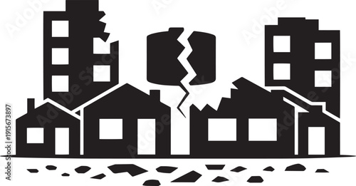 Destroyed city neighborhood with ruined houses and broken water tank silhouette graphics