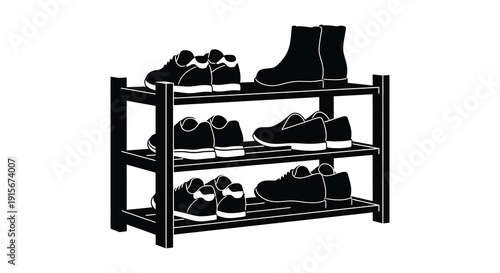 A black and white illustration depicts a wooden shoe rack holding various footwear styles high quality professional detailed modern elegant