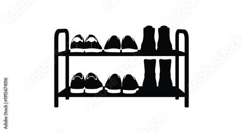 A black and white line drawing depicts a two tiered shoe rack holding various footwear styles high quality professional