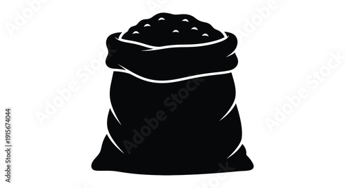 A simple black and white illustration depicts a full sack or bag likely containing grain or another loose material