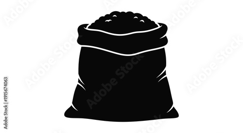 A simple black and white illustration depicts a full sack or bag likely containing granular material high quality professional detailed