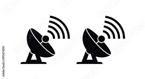 Two black satellite dishes emitting radio waves on a white background