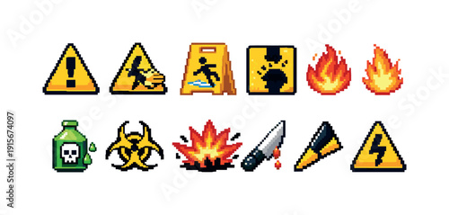Safety and hazard pixel art icon set. Warning, caution, danger signs collection flat