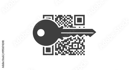A stylized black icon depicts a key seamlessly integrated with a complex quick response code pattern high quality