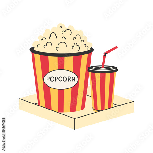 Cinema popcorn and soda combo on tray. Movie snack set for concession menu, poster and food packaging