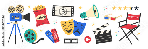 Cinema and movie icons set with camera, tickets, clapperboard, director chair, masks and 3D glasses