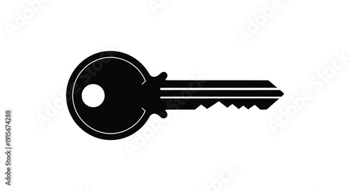 A simple black silhouette of a traditional metal key showcasing its distinct head and jagged blade high quality