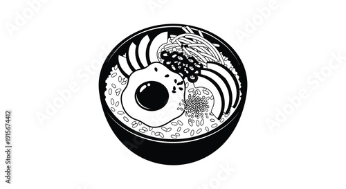 A striking black and white illustration depicts a bowl of ramen with a fried egg and various toppings