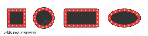 Marquee light frames with dark fill in four shapes. Retro cinema signboards for titles, labels and posters