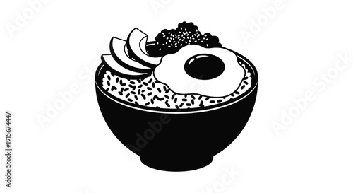 A minimalist black and white illustration depicts a bowl of japanese donburi with an egg and garnishes