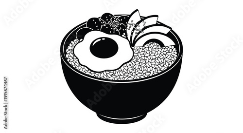 A minimalist black and white illustration depicts a donburi bowl filled with rice a fried egg and avocado