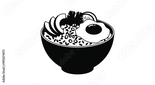 A stylized black and white illustration of a ramen bowl topped with a fried egg and garnishes