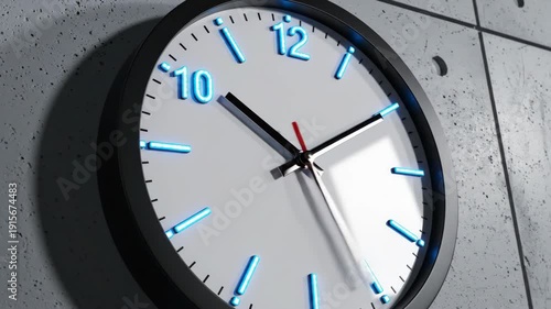 Modern minimalist clock face with blue luminous numerals and hands on a concrete wall in soft natural lighting conditions.