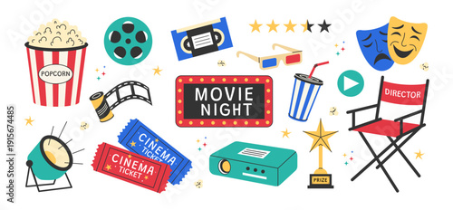Movie night cinema elements set with marquee sign, popcorn, tickets, director chair, projector and 3D glasses