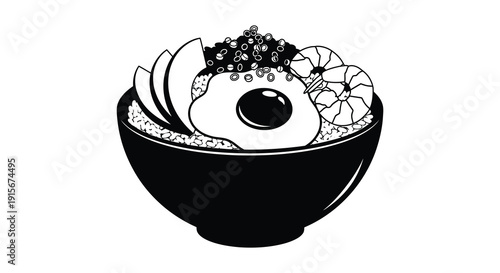 A minimalist black and white illustration depicts a donburi bowl filled with rice a fried egg and citrus