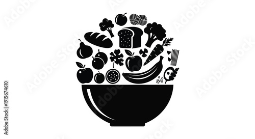 A black silhouette depicts a bowl overflowing with diverse fruits vegetables and baked goods high quality professional detailed