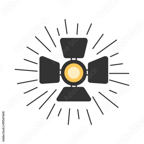 Studio spotlight icon with rays for cinema production, stage show and photography lighting