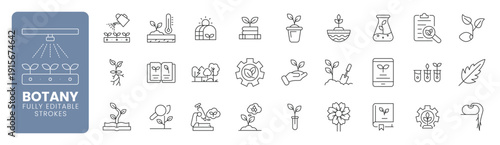 Botany and plant science web line icon set with gardening research growth and laboratory concepts. Editable stroke