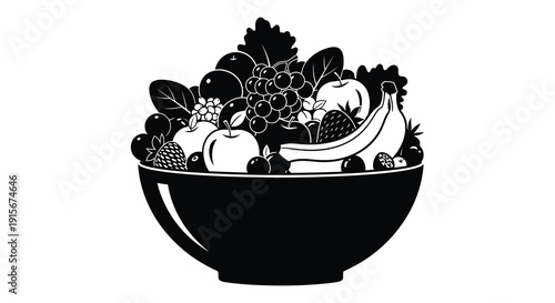 A black and white illustration depicts a generously filled bowl brimming with various fruits and leafy greens