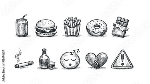 Junk food and danger doodle icon set. Fast food and warning outline icons.