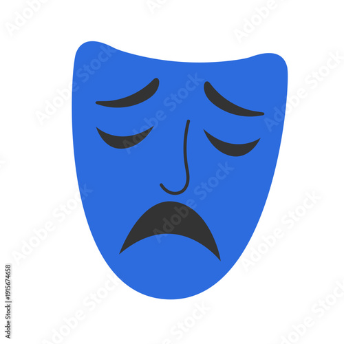 Tragedy theater mask icon in blue. Sad drama face symbol for stage show, cinema and festival design