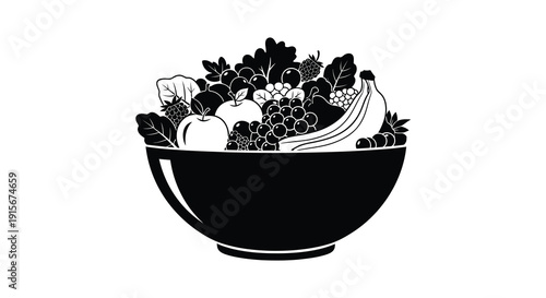 A black and white illustration depicts a rounded bowl overflowing with a variety of fresh fruits and leafy greens