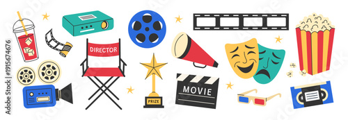 Set of cinema and movie icons with popcorn, projector, director chair, clapperboard, film reel and 3D glasses