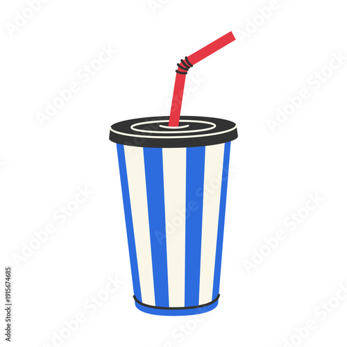 Striped soda cup with straw and lid for cinema concession, fast food drinks and takeaway menu design
