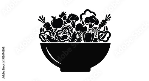 A black and white illustration depicts a bowl overflowing with various fresh vegetables and fruits high quality professional