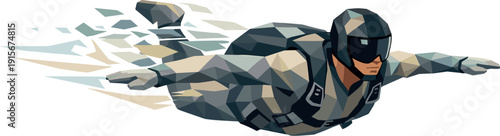 Low-Poly Skydiver Art. Low-poly vector illustration of a skydiver stabilizing after the freefall spin, streamlined angular posture