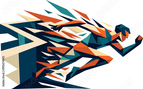 Low-poly vector illustration of a maze escape dash accelerating, runner bursting through a sharp maze turn with aggressive